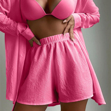 Beach Cover Up Solid Color Long Sleeved Shirt Two Piece Set Hawaiian Seaside Vacation Swimsuit Blouse
