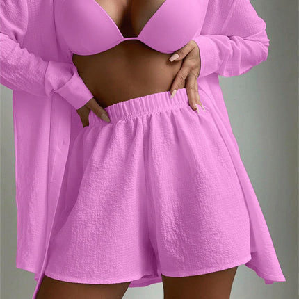 Beach Cover Up Solid Color Long Sleeved Shirt Two Piece Set Hawaiian Seaside Vacation Swimsuit Blouse