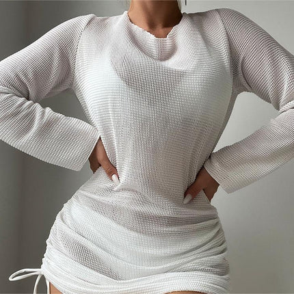 Beach Cover Up White Sexy Backless Mesh Long Sleeve Sun Protection Overshirt Swimsuit Outerwear Shirt