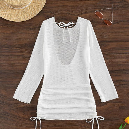 Beach Cover Up White Sexy Backless Mesh Long Sleeve Sun Protection Overshirt Swimsuit Outerwear Shirt