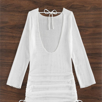 Beach Cover Up White Sexy Backless Mesh Long Sleeve Sun Protection Overshirt Swimsuit Outerwear Shirt