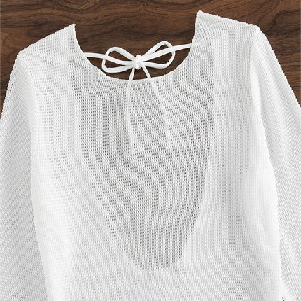 Beach Cover Up White Sexy Backless Mesh Long Sleeve Sun Protection Overshirt Swimsuit Outerwear Shirt
