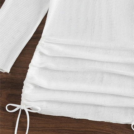 Beach Cover Up White Sexy Backless Mesh Long Sleeve Sun Protection Overshirt Swimsuit Outerwear Shirt