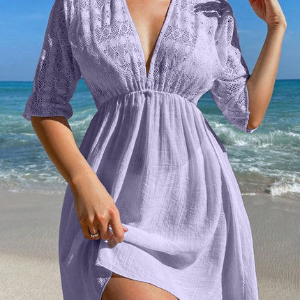 Beach Cover up Bikini V neck Sexy Sun Protection Shirt Loose Wave Pattern Beach Overskirt Women