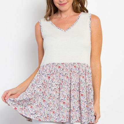 Be Stage Full Size Smocked Printed Peplum Sleeveless Top