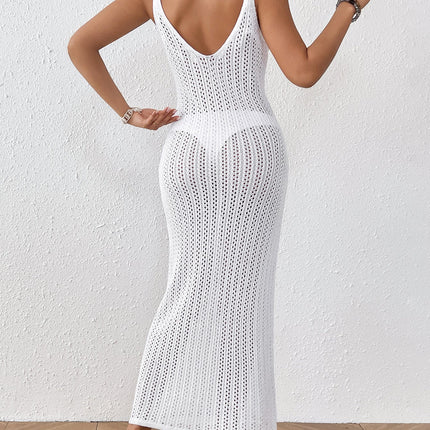 Beach Casual Solid Color Knitted Spaghetti Straps Knitted Blouse Outwear Dress Women