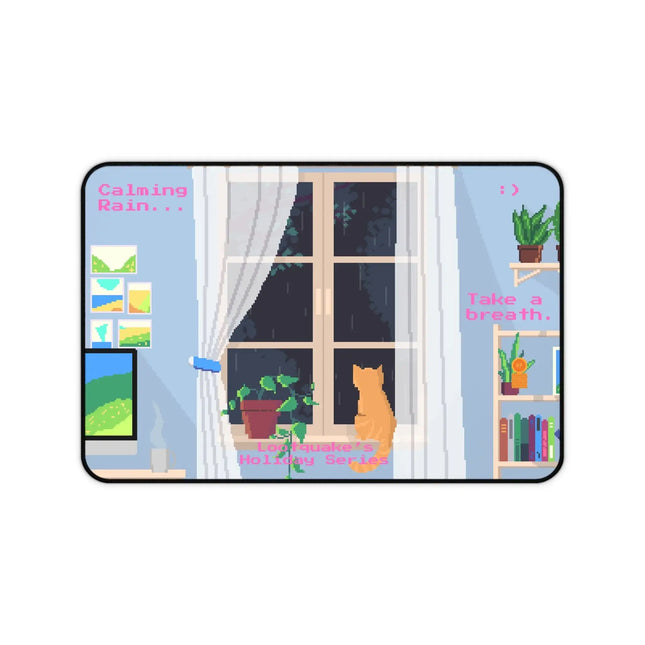 Calming Rain Desk Mat — Cozy Pixel Art Window Scene with Cat (“Take a breath”)