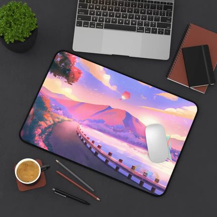 Sunset Lakeside Desk Mat — Pastel Scenic Mouse Pad with Sailboat