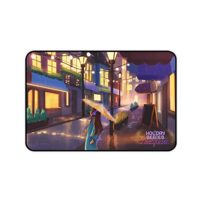 Desk Mat - Mousepad with Cozy Rainy Street Illustrations (Lootquake Holiday Series)