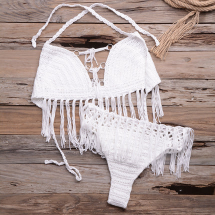 Beach Hand-Woven Tassel Split Bikini Swimsuit Set