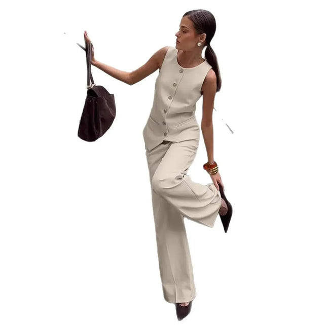 Elegant Commuter Vest And Wide-Leg Pants Two-Piece Set (see size chart under more details)