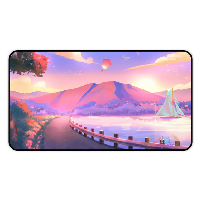 Sunset Lakeside Desk Mat — Pastel Scenic Mouse Pad with Sailboat