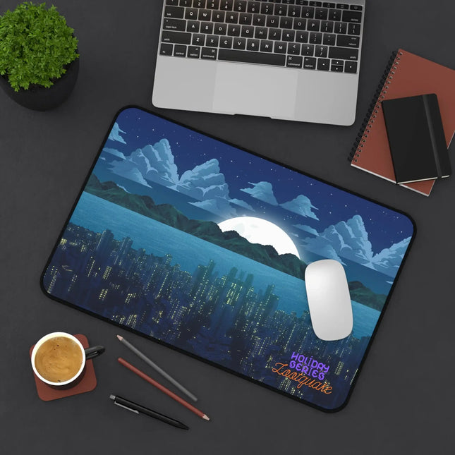 Moonlit Cityscape Desk Mat — Night Skyline Gaming & Office Mouse Pad