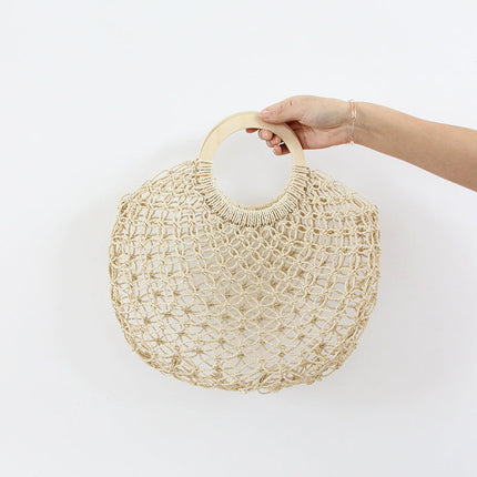 Hollow Out Cutout Straw Bag Fairy Mesh Woven Bag round Wooden Handle Casual Hand Holding Women Bag Beach Bag