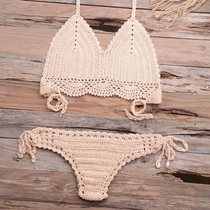 Beach Hollow-out Handmade Woven Split Strap Tank-Top Matching Shell Bikini Briefs