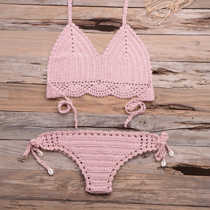 Beach Hollow-out Handmade Woven Split Strap Tank-Top Matching Shell Bikini Briefs