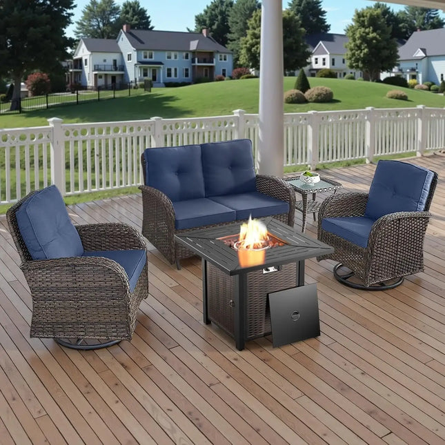 5 Piece Outdoor Patio Set With 50000 BTU Fire Pit Blue