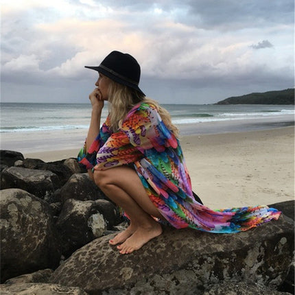 Beach Cover up Chiffon Colorful Feather Print Sun Protection Shirt Sexy Cardigan Loose Beach Cover Up
