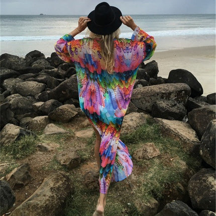 Beach Cover up Chiffon Colorful Feather Print Sun Protection Shirt Sexy Cardigan Loose Beach Cover Up