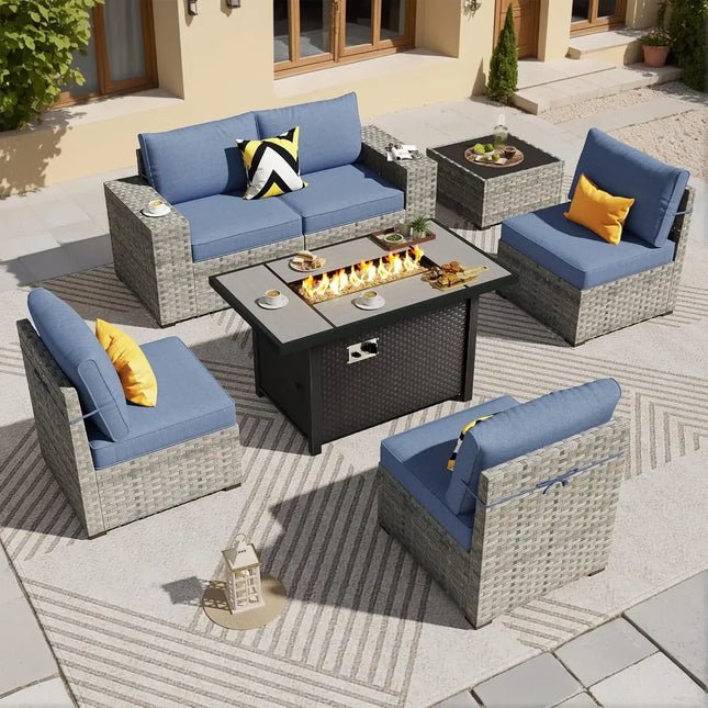 Modular Outdoor Wicker Sofa Set with Fire Pit Table