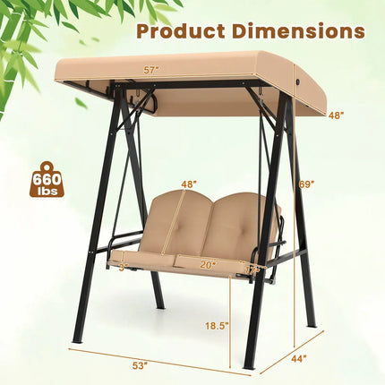 2-Person Outdoor Porch Swing with A-Shaped Metal Stand and Adjustable Canopy-Beige