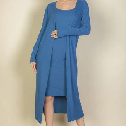Ribbed Cardigan & Cami Midi Bodycon Dress