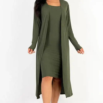 Ribbed Cardigan & Cami Midi Bodycon Dress