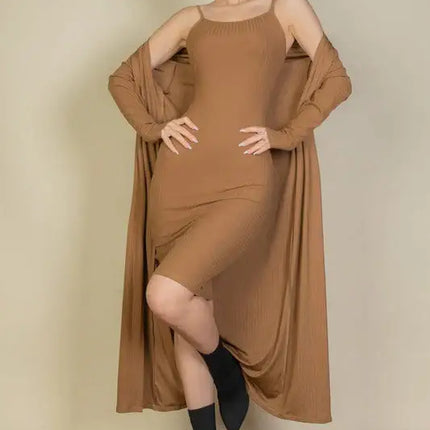 Ribbed Cardigan & Cami Midi Bodycon Dress