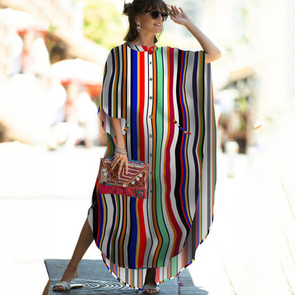 Beach Cover-up Elastic Printing Oversized Button Vacation Robe