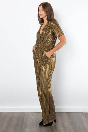 Be Stage Foil Pleated Jumpsuit with Surplice Short Sleeves