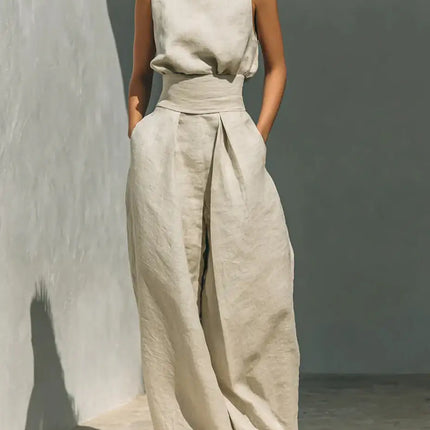 Casual Sleeveless Suit Summer Stand-up Collar Pullover Top And Loose Straight-leg Trousers Women's Clothing (see size chart under more details)