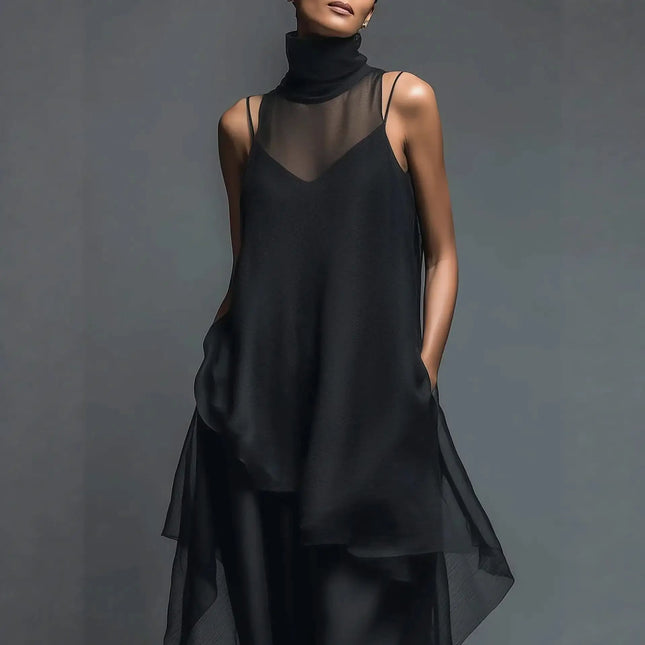 High-neck Asymmetrical Black Slip Chiffon Two-piece Set (see size chart under more details)