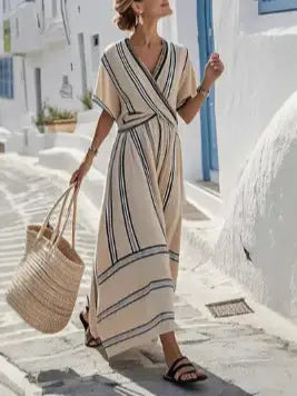 Casual Loose Retro Striped Print Holiday Dress Summer Short Sleeve V Neck Robes Dress Boho Beach Pleated A-Line Long Dress Woman (see size guide under more details)