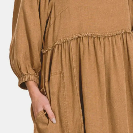 Washed Linen Pleated Puff Sleeve Babydoll Dress – Linen Babydoll Dress, Puff Sleeve Dress, Pleated Babydoll Dress, Casual Babydoll Dress, Elegant Puff Sleeve Dress, Comfortable Linen Dress, Warm Weather Dress