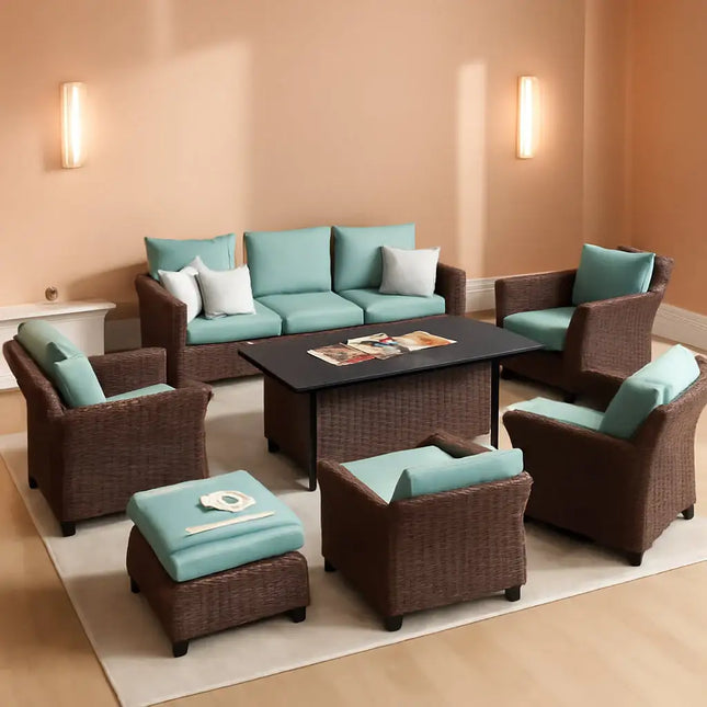 Brown Wicker Patio Furniture Set With Fire Pit Table