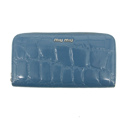 Miu Miu Blue Croco Embossed Leather Zip Around Wallet #3728