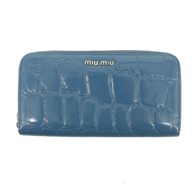 Miu Miu Blue Croco Embossed Leather Zip Around Wallet #3728