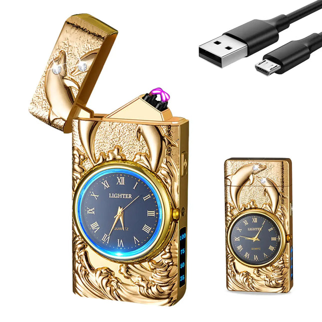 YOZWOO Electric Lighter USB Rechargeable Lighter Type-C Plasma Arc Lighter Clock Lighter Windproof Lighte Candle Lighter Cool Mens Lighter with LED Lighting Gift for Boys and Girls (Gold)