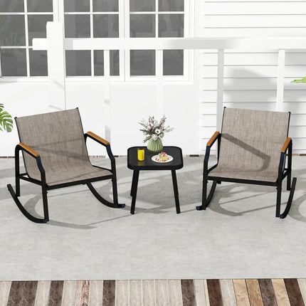 3 Piece Patio Rocking Bistro Set with Tempered Glass Coffee Table and Armrests for Porch-Brown