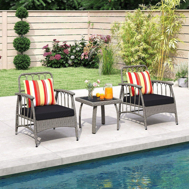 3 Pieces Patio PE Wicker Furniture Set with 5-Level Adjustable Backrest-Gray