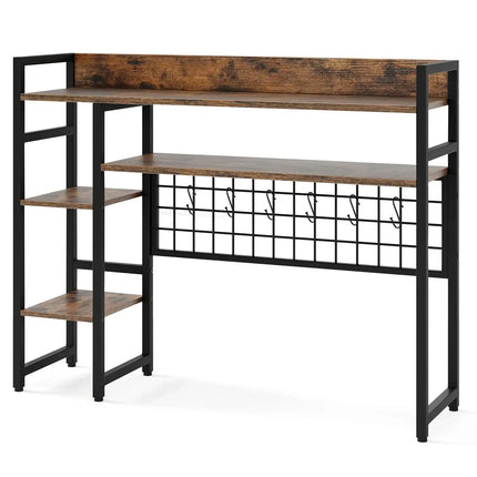 4-Tier Desk Shelf Desktop Display Rack with Metal Grid Panel and 6 Hooks-Rustic Brown