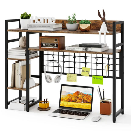 4-Tier Desk Shelf Desktop Display Rack with Metal Grid Panel and 6 Hooks-Rustic Brown
