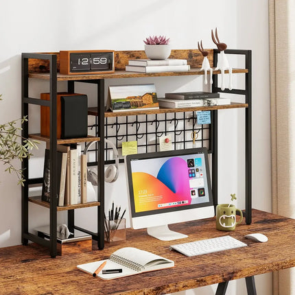 4-Tier Desk Shelf Desktop Display Rack with Metal Grid Panel and 6 Hooks-Rustic Brown