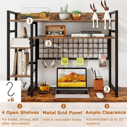4-Tier Desk Shelf Desktop Display Rack with Metal Grid Panel and 6 Hooks-Rustic Brown
