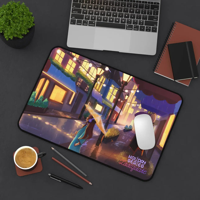 Desk Mat - Mousepad with Cozy Rainy Street Illustrations (Lootquake Holiday Series)