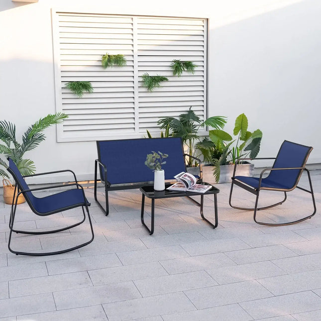 4 Piece Patio Rocking Set with Glass-Top Table-Navy