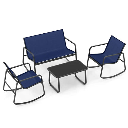 4 Piece Patio Rocking Set with Glass-Top Table-Navy