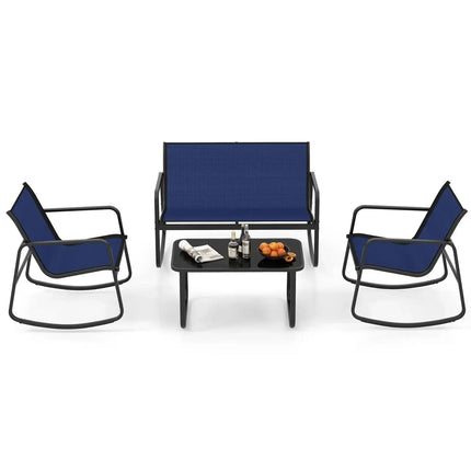 4 Piece Patio Rocking Set with Glass-Top Table-Navy