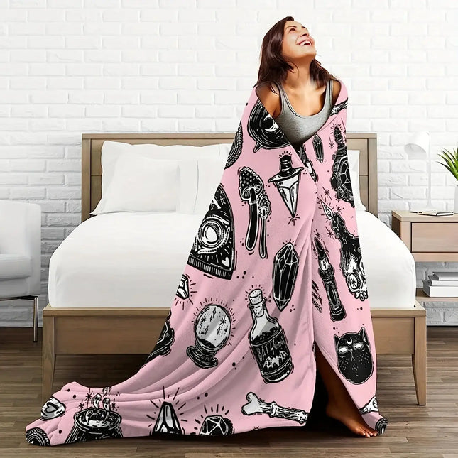 1pc Halloween Element Print Flannel Blanket, Soft Cozy Throw Blanket Nap Blanket For Travel Sofa Bed Office Home Decor, Birthday Halloween Holiday Gift Blanket For Boys Girls Adults, Available All Season