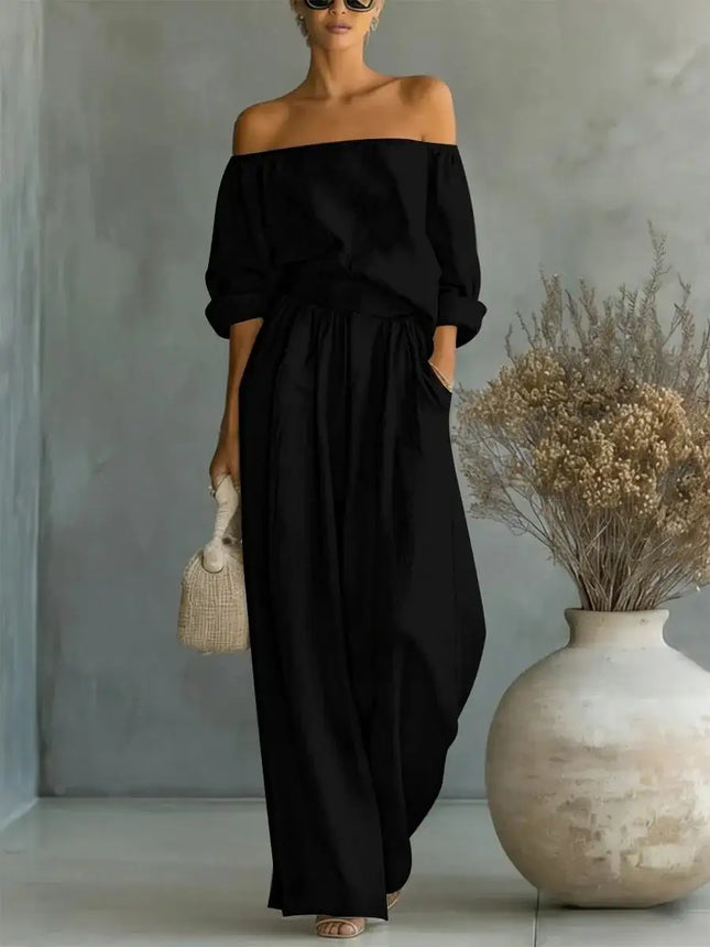 Casual Two-Piece Womens Outfit Off-Shoulder Top And Wide-Leg Pants Set (see size chart under more details)
